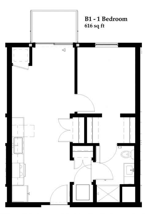Floor plan for 1 bed, 1 bath, 616 sqft